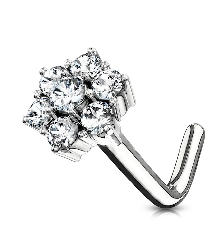 Women's travel rings-20G 14kt White Gold CZ Flower Pack L Bend Nose Ring