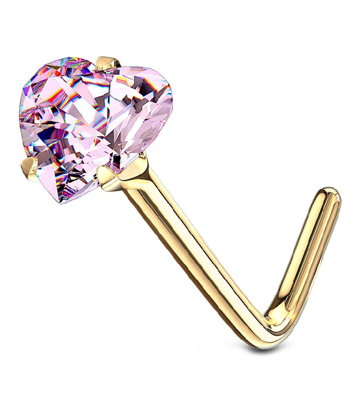 Women's photo rings-14kt Gold Pink Heart CZ L Bend Nose Ring