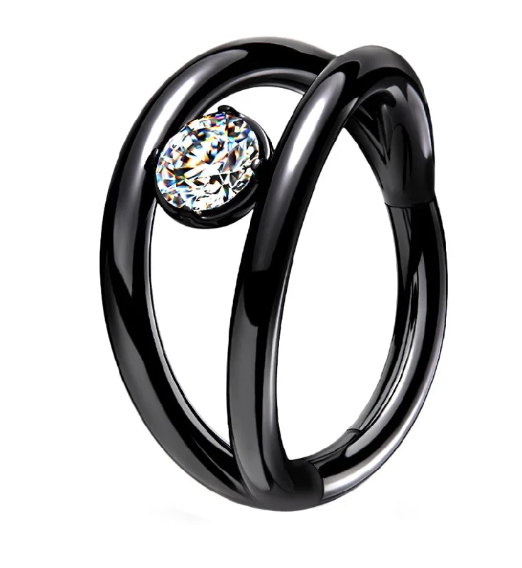 Women's luxury gift rings-Arena Black PVD CZ Hinged Segment Hoop Ring