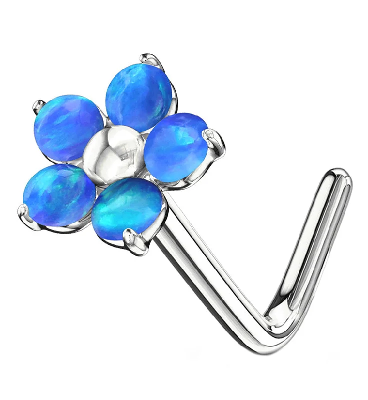 Women's DNA rings-20G Blue Opalite Flower L Bend Nose Ring