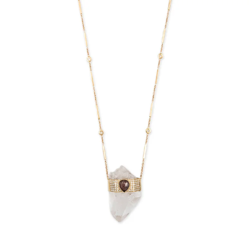 Women's luxury brand necklaces-TEARDROP ROSE CUT DIAMOND CAP CLEAR QUARTZ NECKLACE