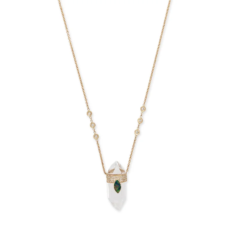 Women's cross necklaces-PAVE OPAL MARQUISE CAP + CLEAR QUARTZ CRYSTAL NECKLACE