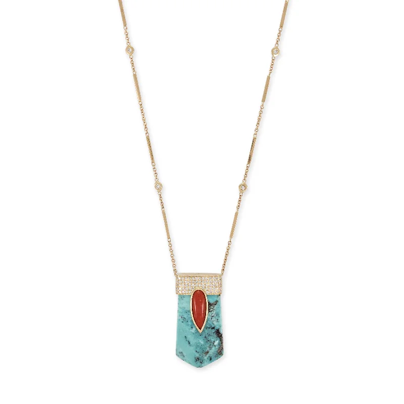 Women's leather necklaces-PAVE CORAL TEARDROP CAP + TURQUOISE CRYSTAL NECKLACE