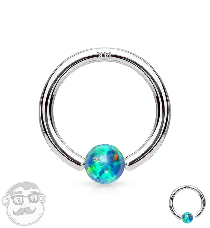 Women's Christmas rings-Green Opalite 14kt White Gold Annealed Fixed Captive Ring