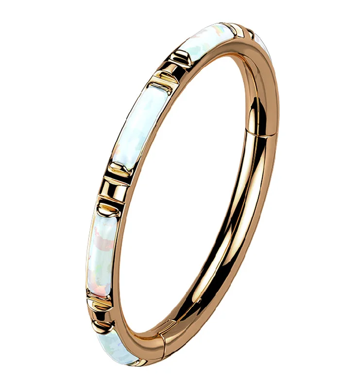 Women's celestial rings-Rose Gold PVD Oblong White Opalite Edge Hinged Segment Ring