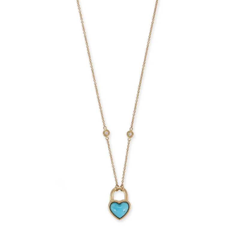 Women's fashion necklaces-SMALL TURQUOISE HEART LOCK NECKLACE