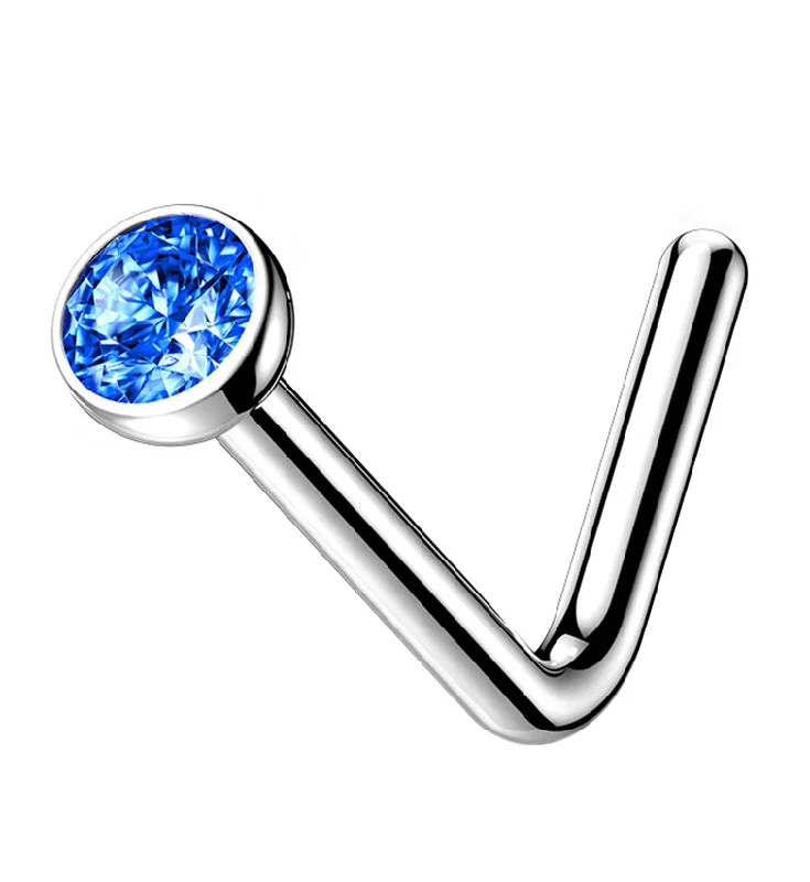 Vintage women's rings-Blue CZ Top L Bend Titanium Nose Ring