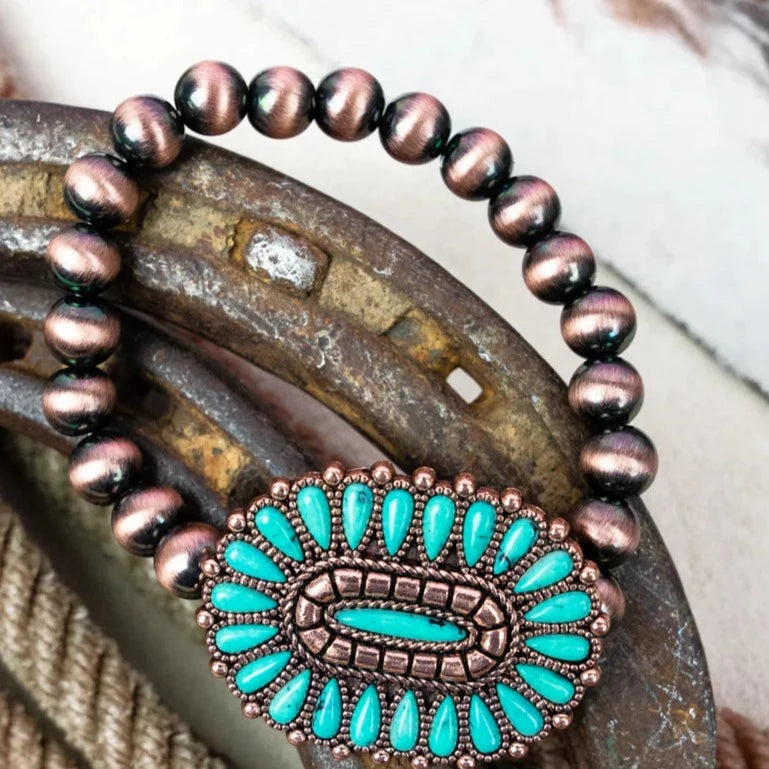 Women's diamond bangles-Turquoise Concho and Copper Navajo Pearl Stretch Bracelet