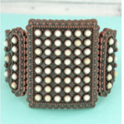 Women's pearl bangles-Copper and White Beaded Western Stretch Bracelet