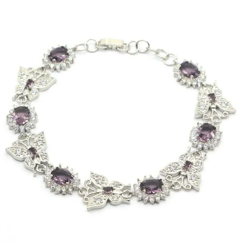 Women's mother-daughter bangles-18k White Gold Plated Created Amethyst Butterfly Tennis Bracelet