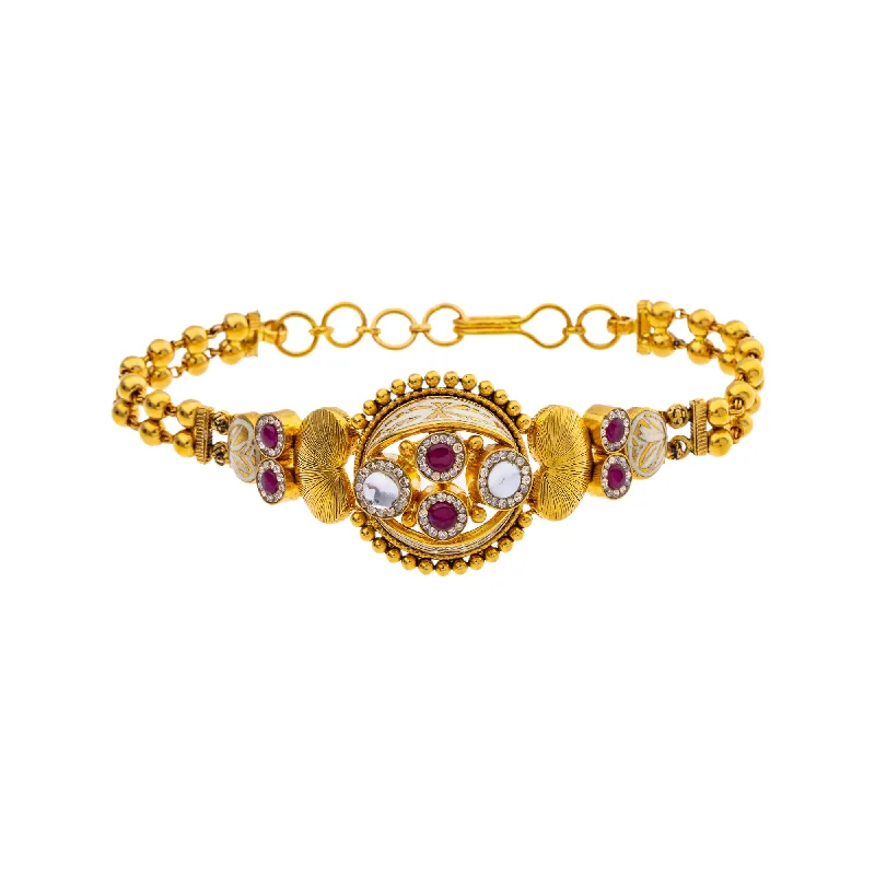 Women's luxury gift bangles-22K Yellow Gold 7 inch Bracelet w/ Kundan, Ruby, & CZ (16gm)