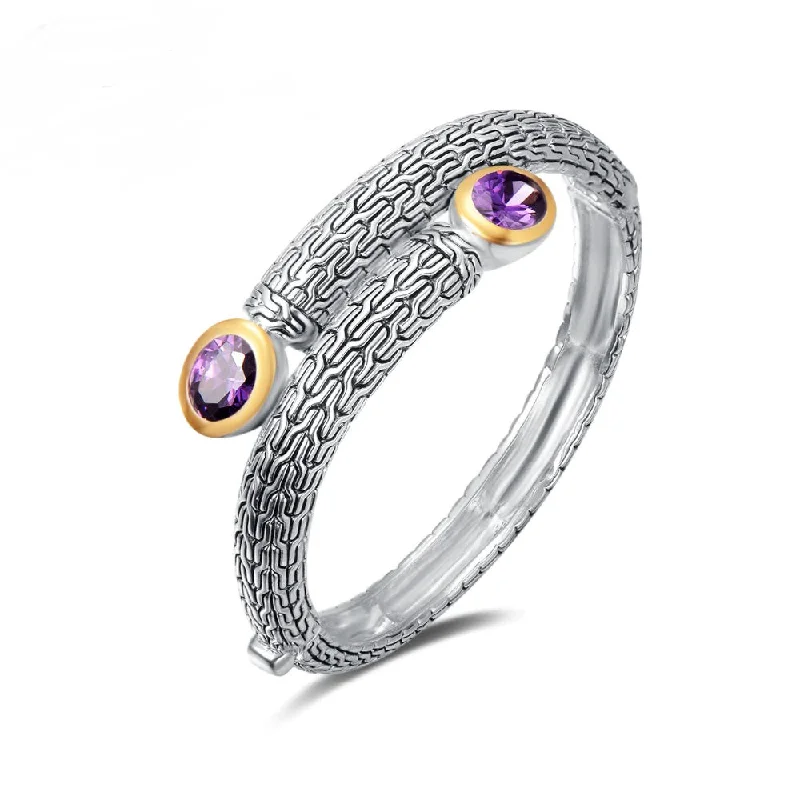 Women's personalized bangles-Rhodium Plated Two-Tone Amethyst Hinged Bangle Bracelet