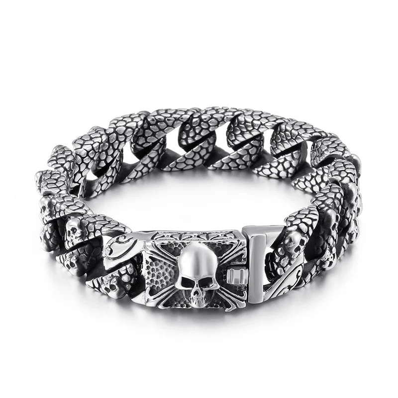 Women's sterling silver bangles-Textured Stainless Steel Skull Cross Bracelet