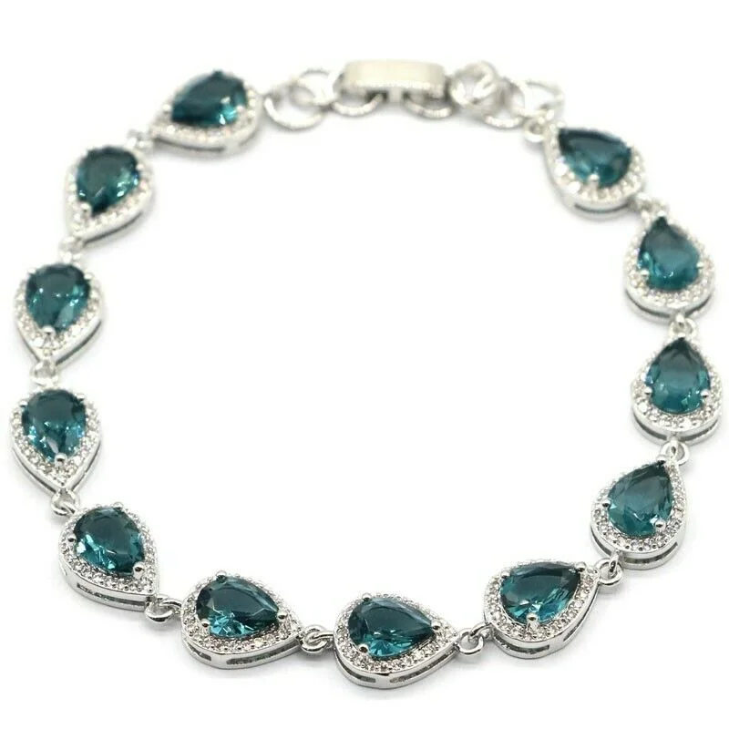 Women's leather bracelets-Sterling Silver Pear Shape Created London Blue Tennis Bracelet