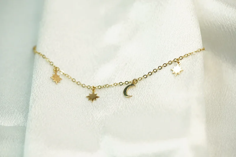 Women's adjustable bangles-14k Star and Moon Pendant Bracelet