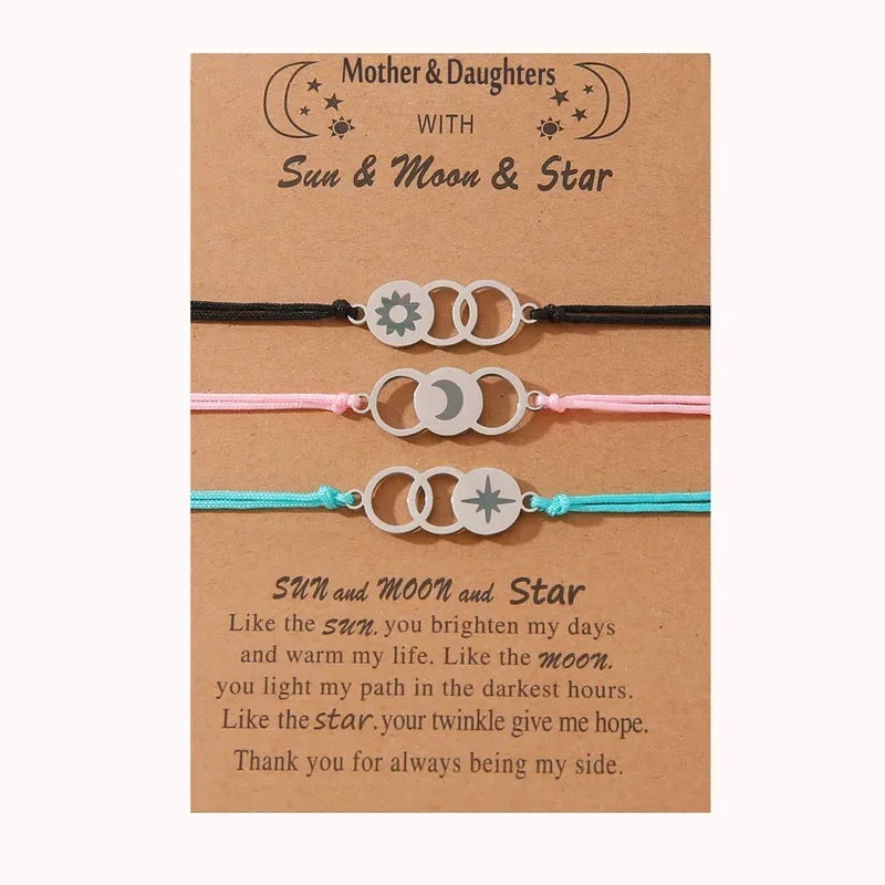 Women's formal bangles-Adjustable Mother and Daughters Sun, Moon and Stars Wish Bracelets with Presentation Card - Multi