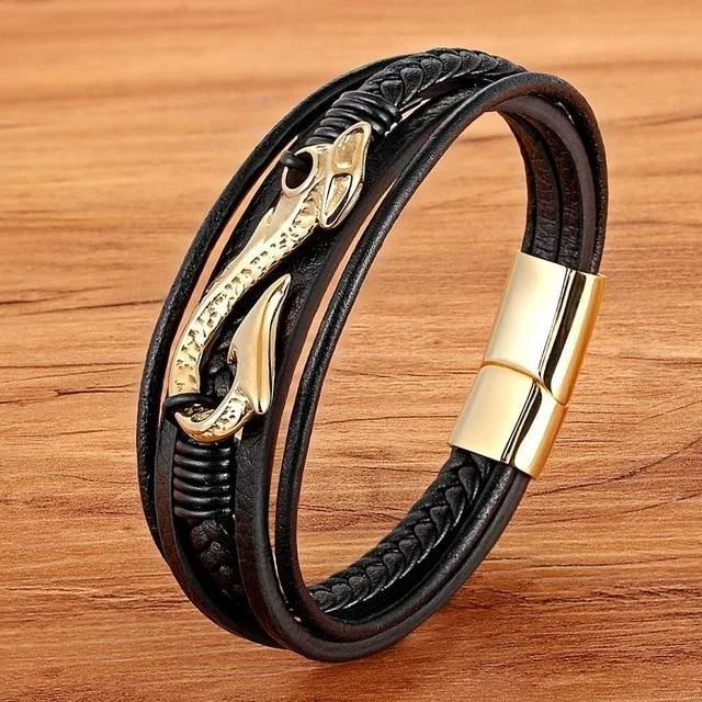 Women's beaded bangles-Multi-Strand Braided Leather Stainless Steel Anchor Hook Bracelet