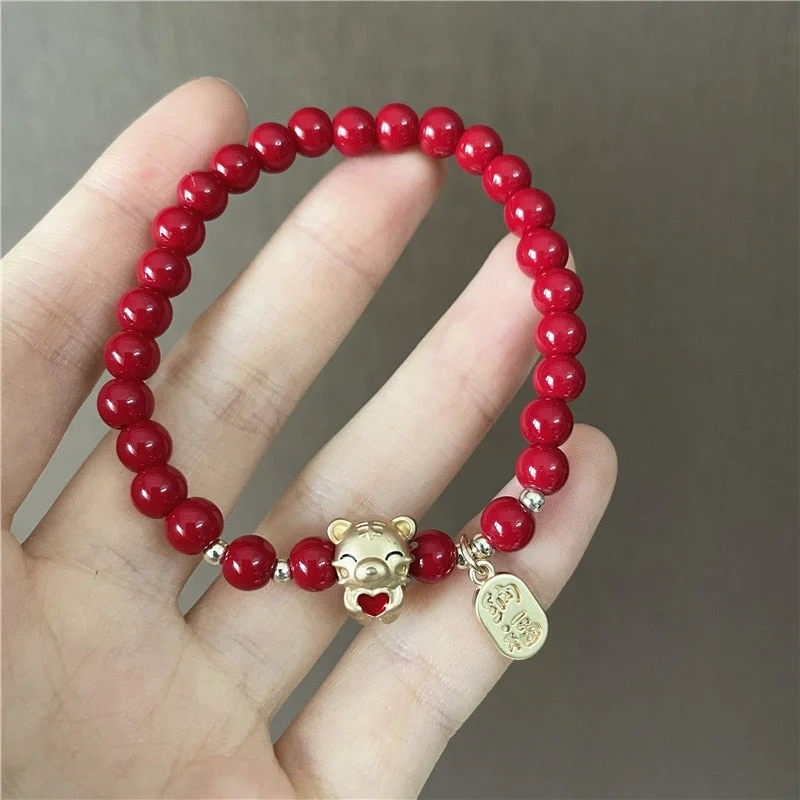 Vintage women's bangles-Petite Lucky Tiger Red Crystal Beaded Charm Bracelet