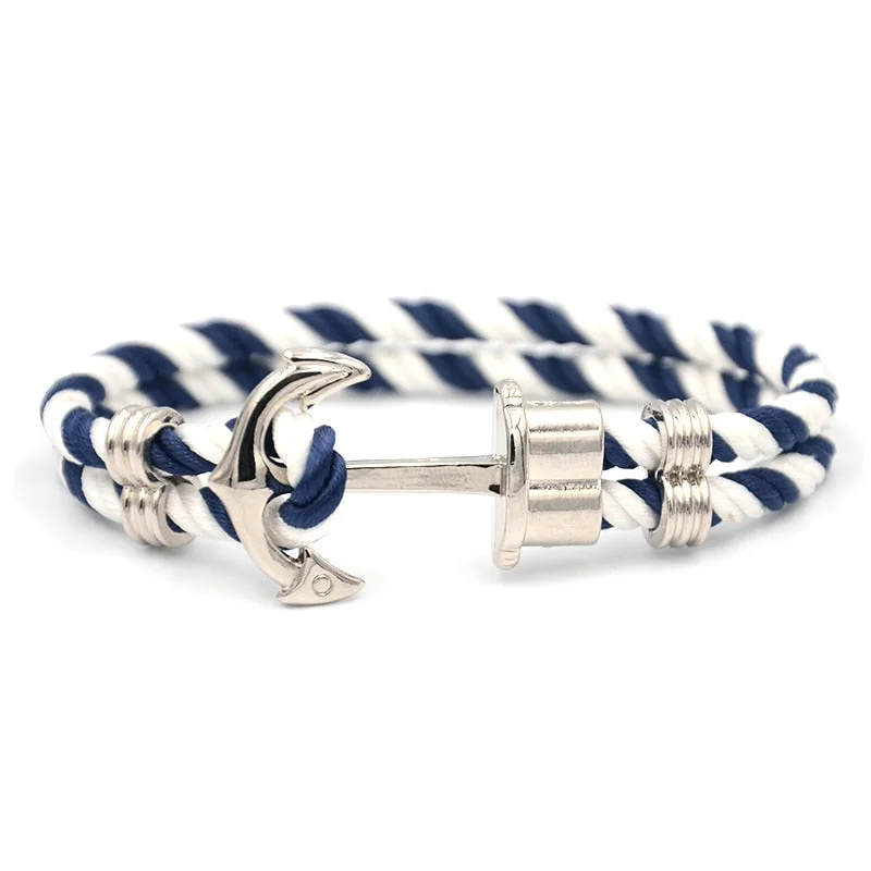 Women's alloy bangles-Navy Blue-White Nautical Rope Stainless Steel Anchor Bracelet 8.46"