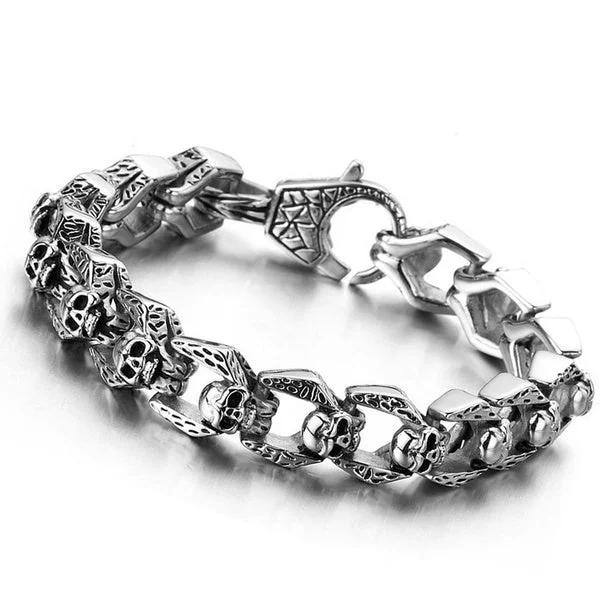 Women's jade bangles-Stainless Steel Multiple Skulls Link Biker Bracelet