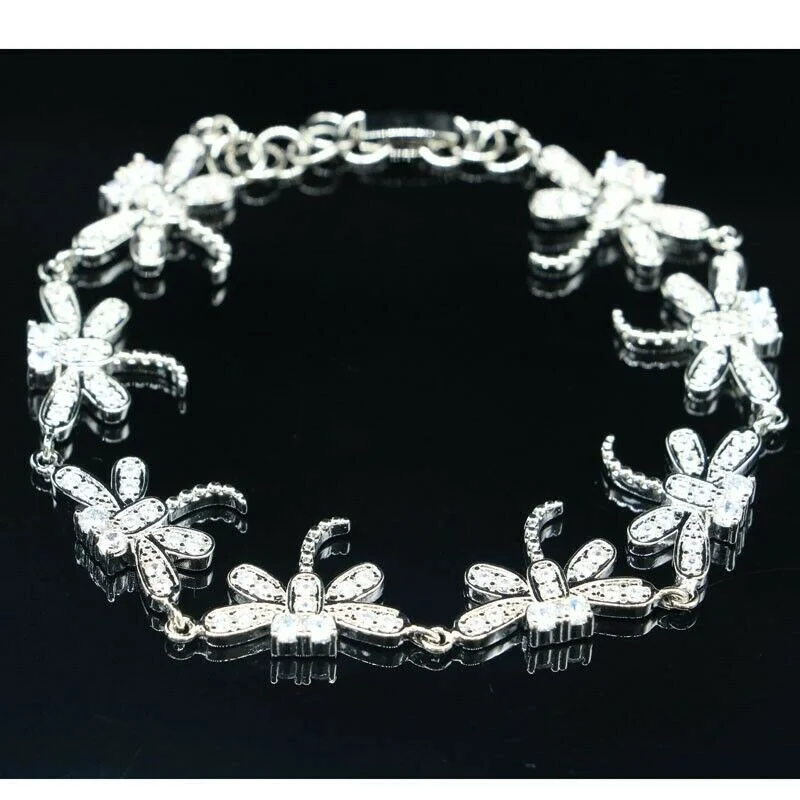 Women's adjustable bangles-Created White Sapphire Sterling Silver Dragonfly Tennis Bracelet