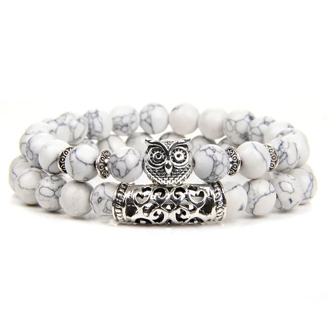 Women's Mother's Day bangles-8mm 2 Piece White Howlite Turquoise Owl Bead Bracelet