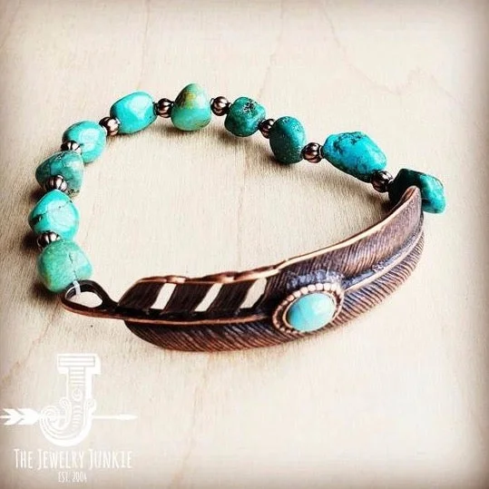 Women's cuff bracelets-Natural Turquoise Bracelet with Copper Feather Center