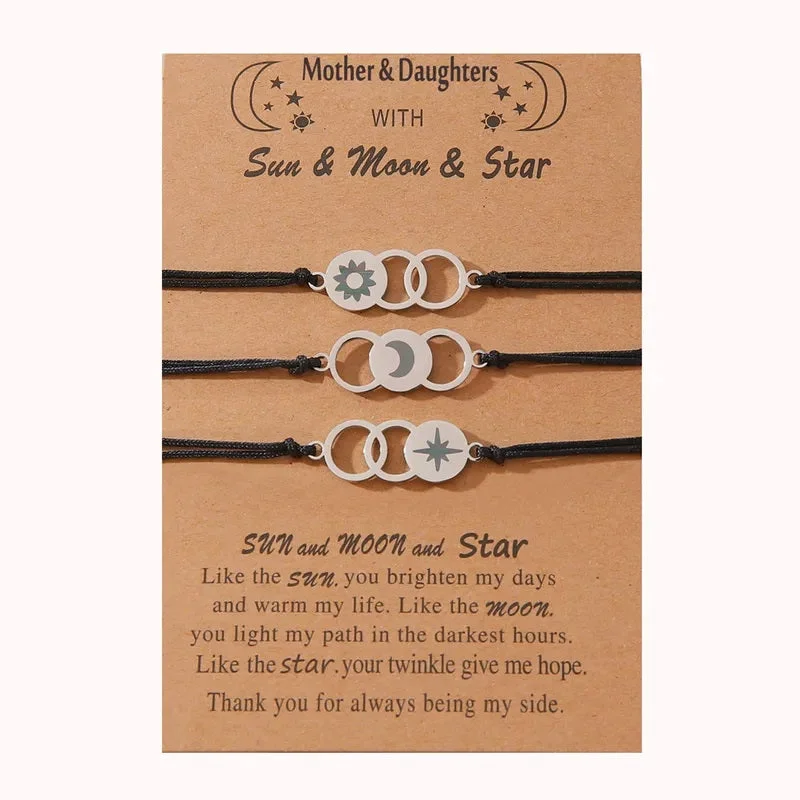 Women's evil eye bangles-Adjustable Mother and Daughters Sun, Moon and Stars Wish Bracelets with Presentation Card - Black