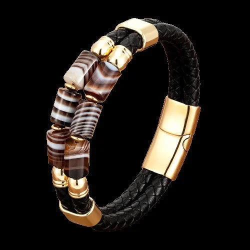 Women's statement bangles-Multilayer Leather Natural Gemstone Stainless Steel Bracelet