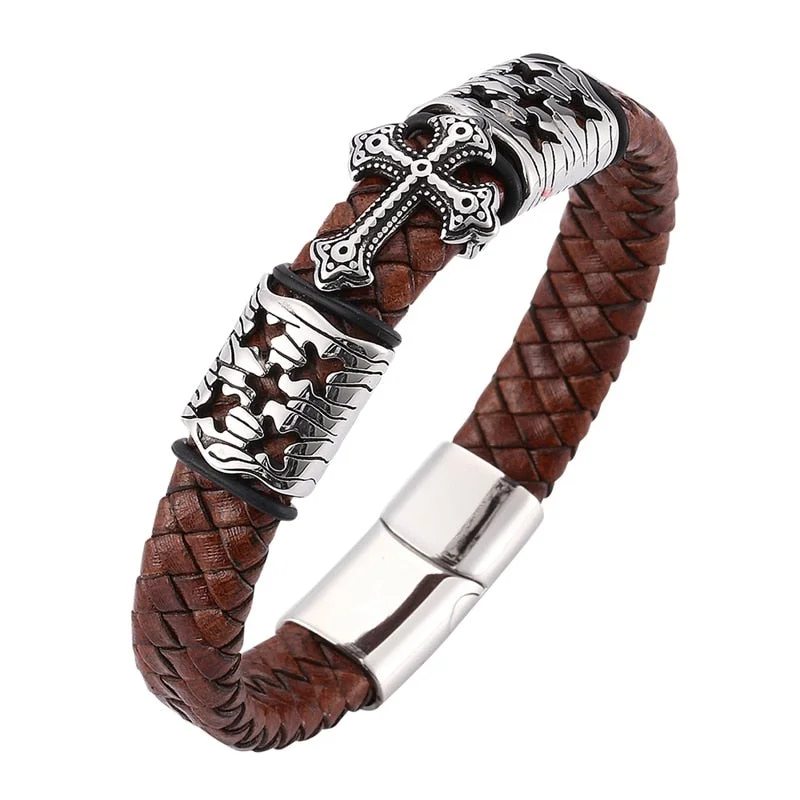 Vintage women's bangles-Brown Braided Leather Stainless Steel Cross Bracelet