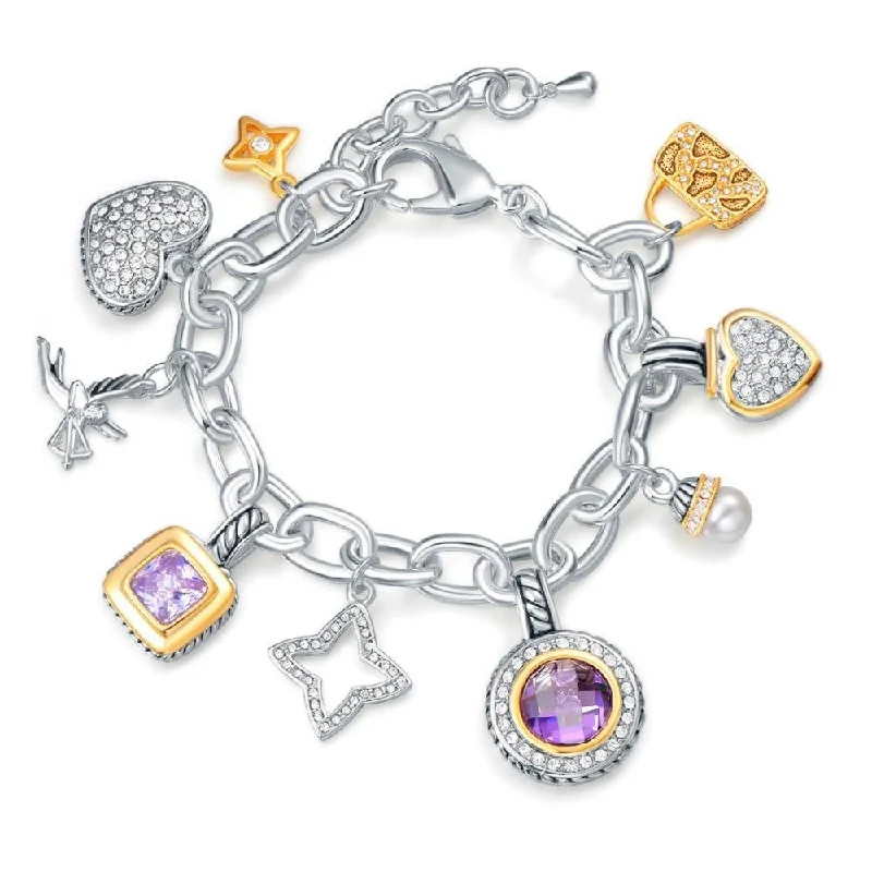 Women's tennis bracelets-Amethyst Pave Heart Cupid Multi Charms Luxury Charm Bracelet