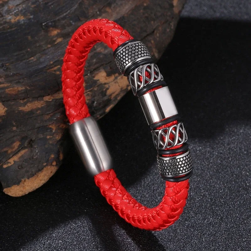 Women's travel bangles-Braided Red Leather Stainless Steel Magnetic Clasp Bracelet