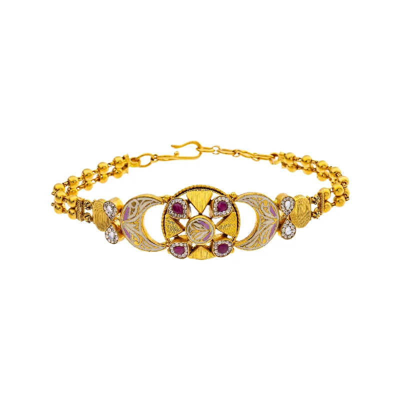 Women's ethical bangles-22K Yellow Gold 6.5 inch Bracelet w/ Kundan, Ruby, & CZ (16gm)