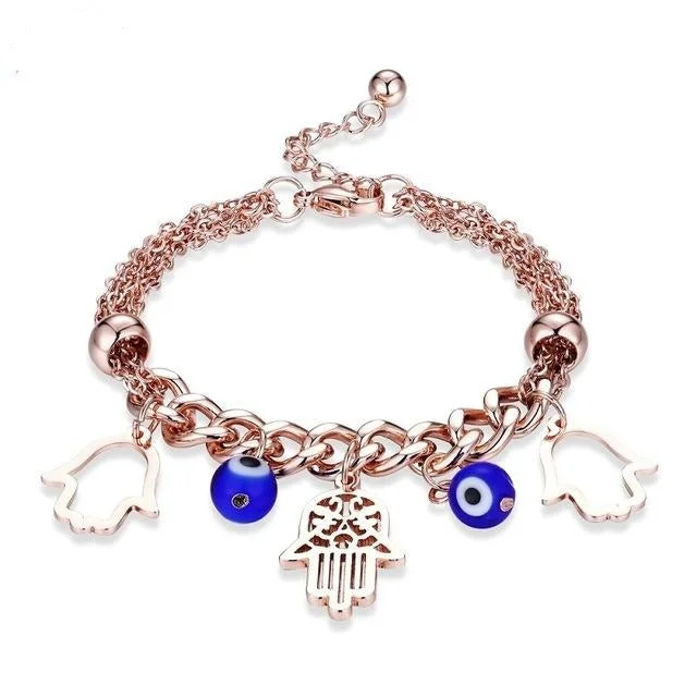 Women's evil eye bangles-Rose Gold Stainless Steel Evil Eye Hand of Fatima Charm Bracelet