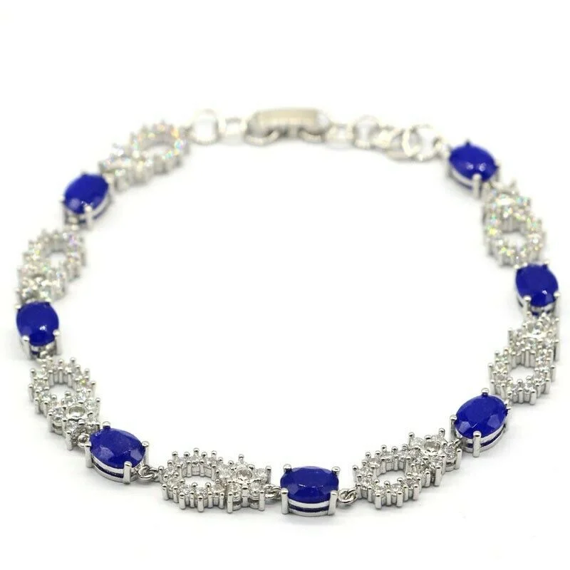 Women's unique bangles-Real Blue Sapphire White CZ Sterling Silver Tennis Bracelet