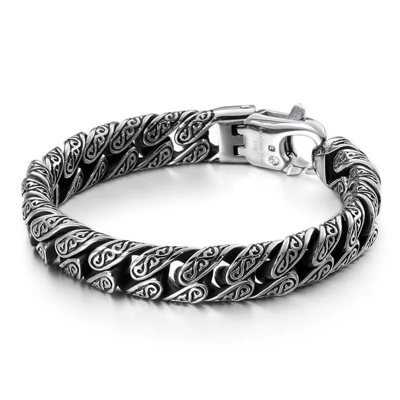 Women's geometric bangles-Stainless Steel Chain Link Engraved Design Bracelet