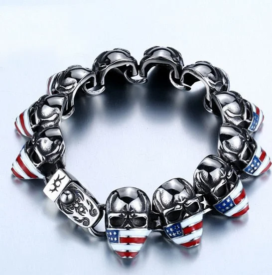 Women's sustainable bangles-Stainless Steel American Flag Skull Biker Bracelet 8.5"