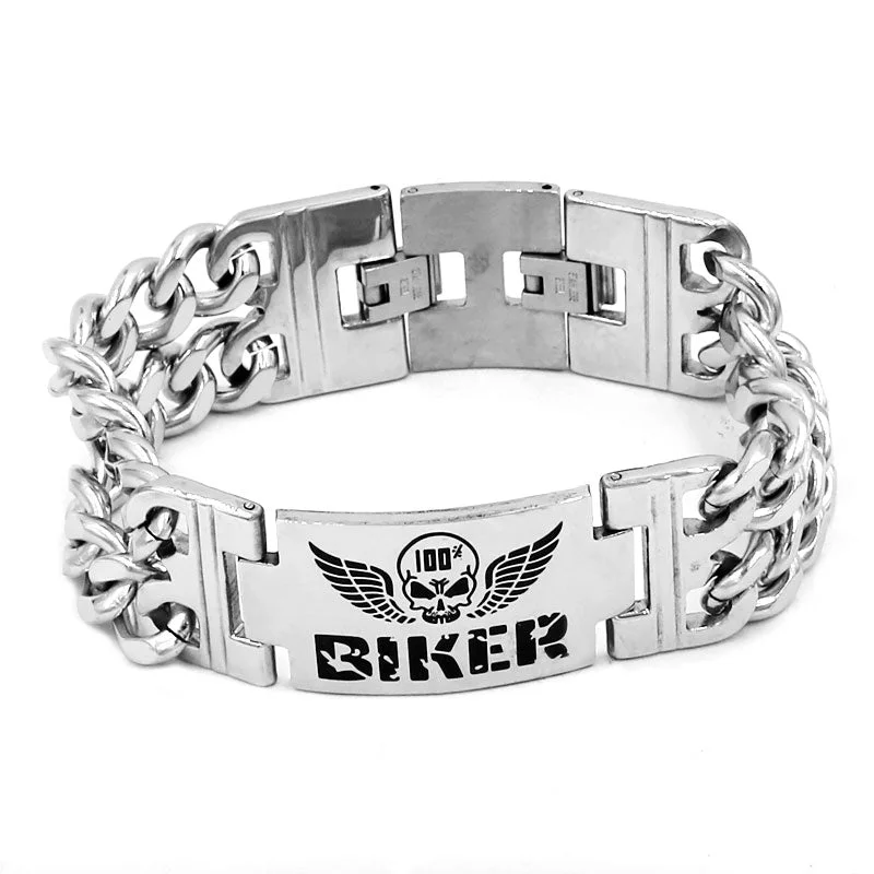 Vintage women's bangles-Stainless Steel Double Chain Link Wings Skull Biker Bracelet