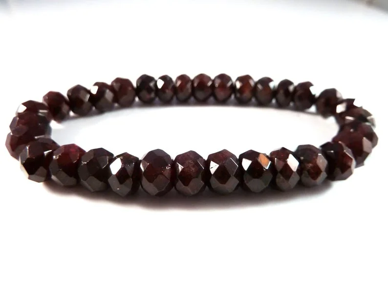 Women's casual bangles-8mm Faceted Rondelle Dark Red Garnet Bead Bracelet