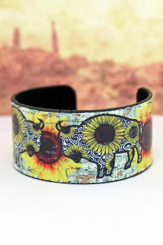 Women's crystal bangles-Sunflower Buffalo Cork Cuff Bracelet