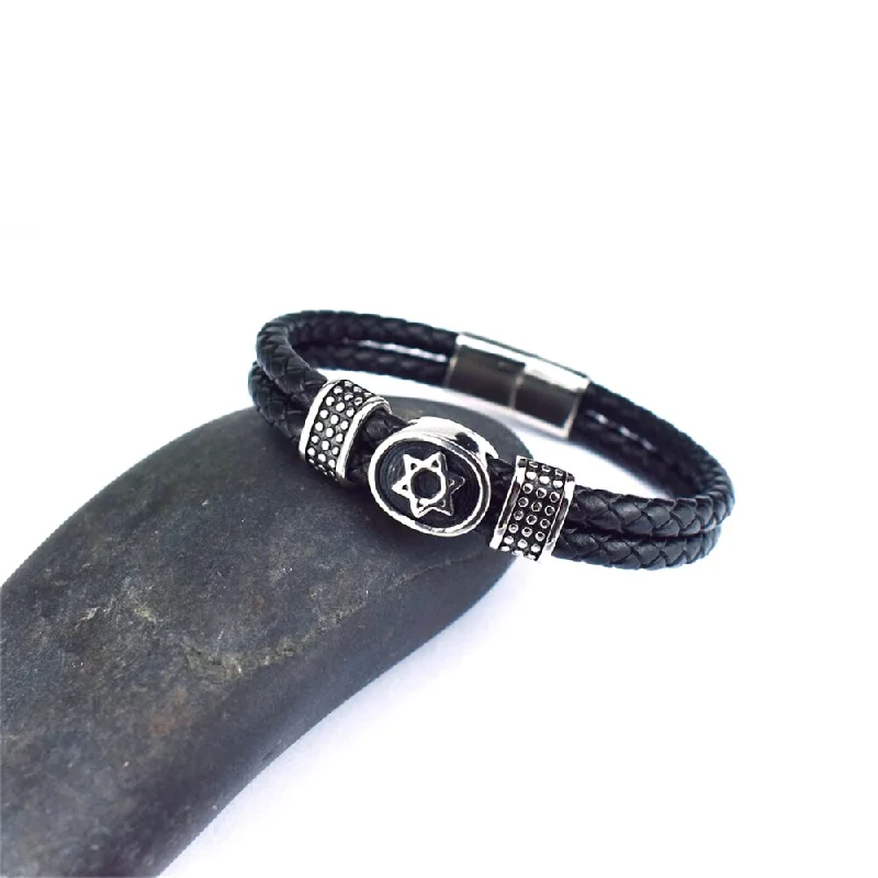 Women's spiritual bangles-Star of David Multilayer Leather Stainless Steel Bracelet