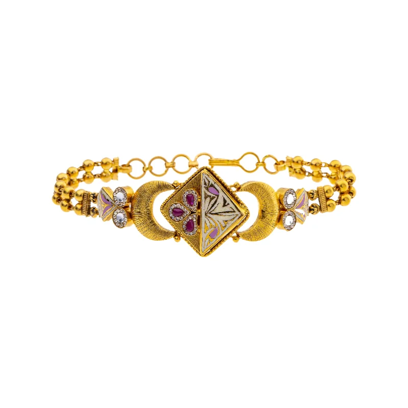 Women's vintage-inspired bangles-22K Yellow Gold 7 inch Bracelet w/ Kundan, Ruby, & CZ (15.9gm)