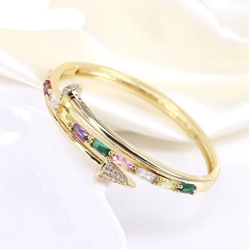 Women's sustainable bangles-Gold Stainless-Steel Multi-Color Baguette Nail Hinged Bangle Bracelet