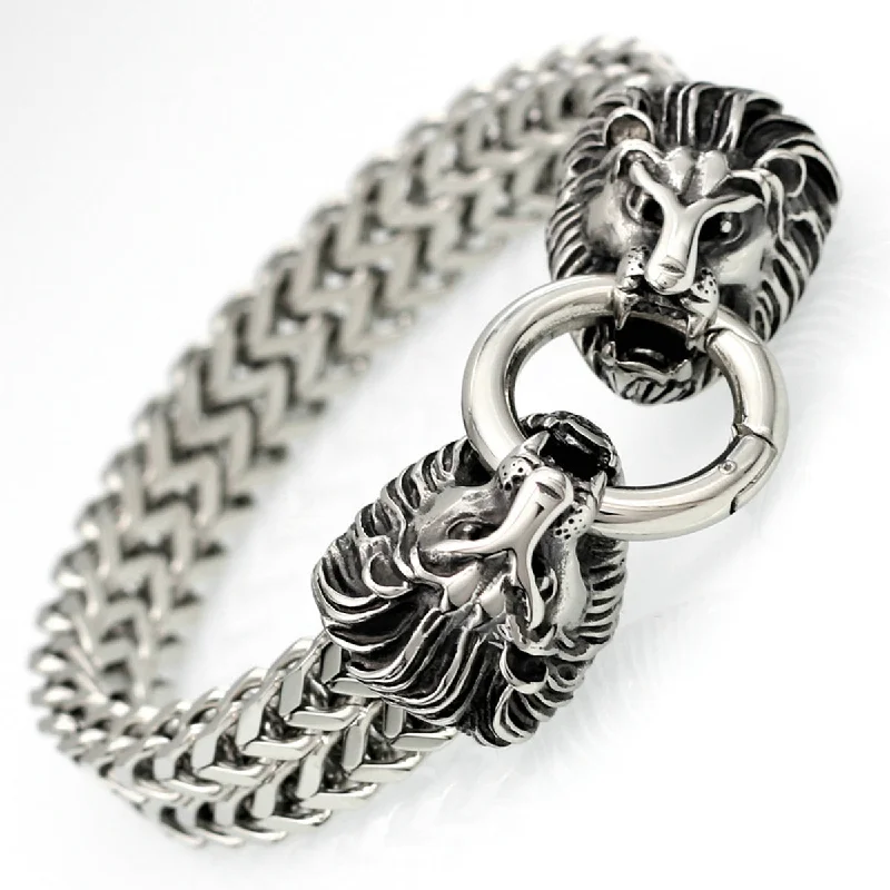 Women's religious bangles-Stainless Steel Double Lions Franco Link Bracelet