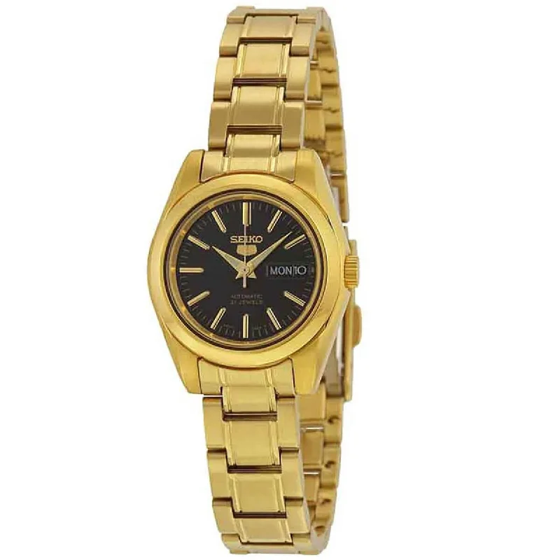 Women's gold bangles-Seiko Women's Watch - Series 5 Automatic Black Dial YG Steel Bracelet | SYMK22K1