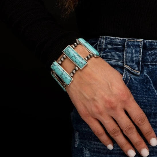 Trendy women's bangles-West & Co. Silver Navajo Inspired Pearl & Turquoise Bar Stretch Bracelet