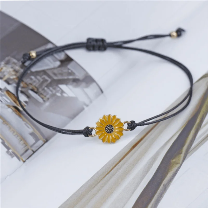 Women's anniversary bangles-Adjustable Sunflower Wish Bracelet / Friendship Bracelet -Black