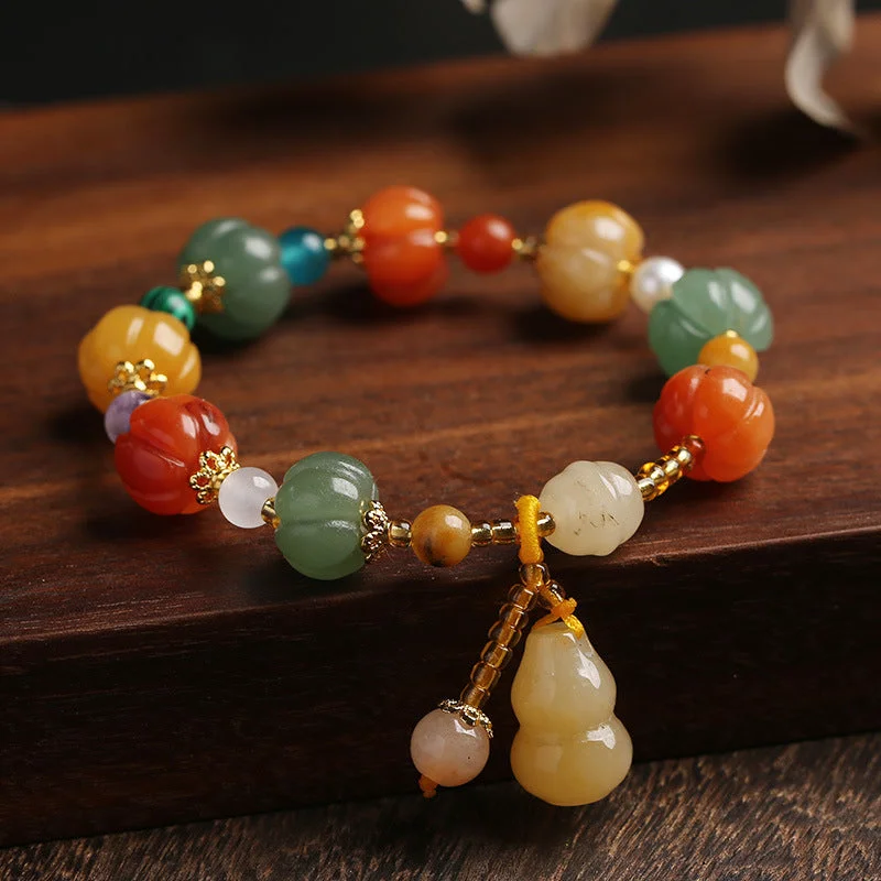 Women's bohemian bangles-Natural Jade Carved Pumpkin Bead Lucky Feng Shui Bracelet