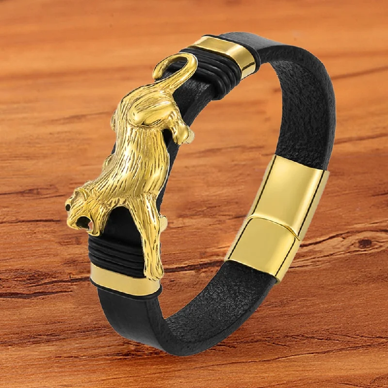 Women's crystal bangles-Black Leather 18K Gold Plated Stainless Steel Jaguar Bracelet