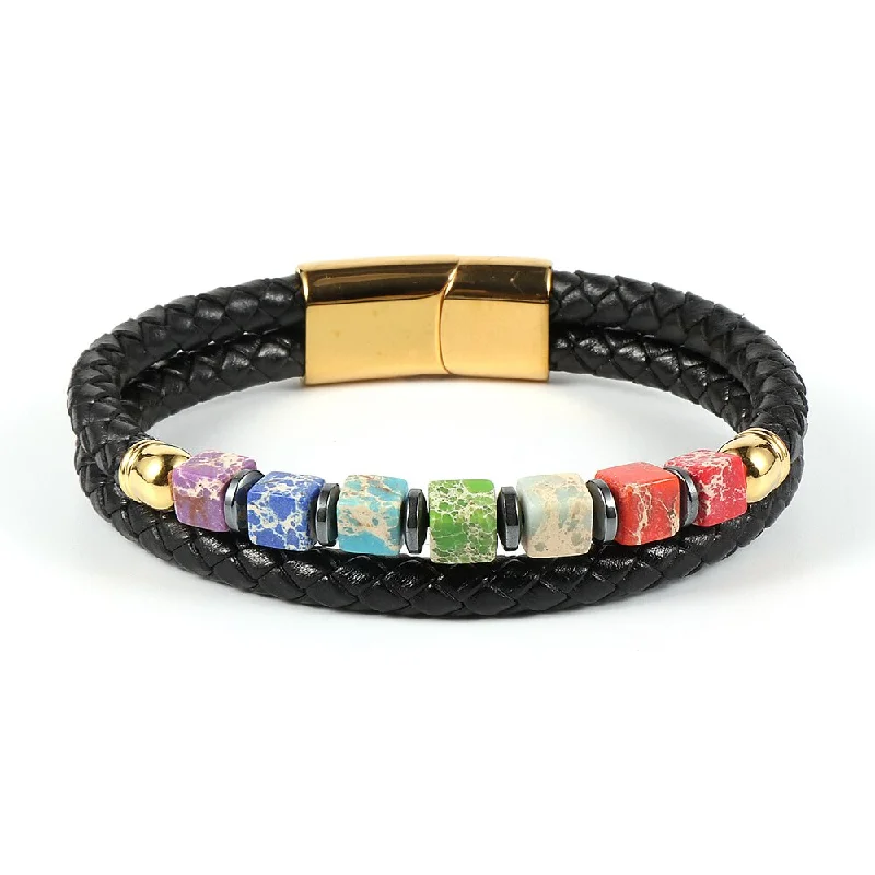 Women's graduation bangles-Double-Strand Leather Stainless Colorful Jasper 7 Chakras Bracelet